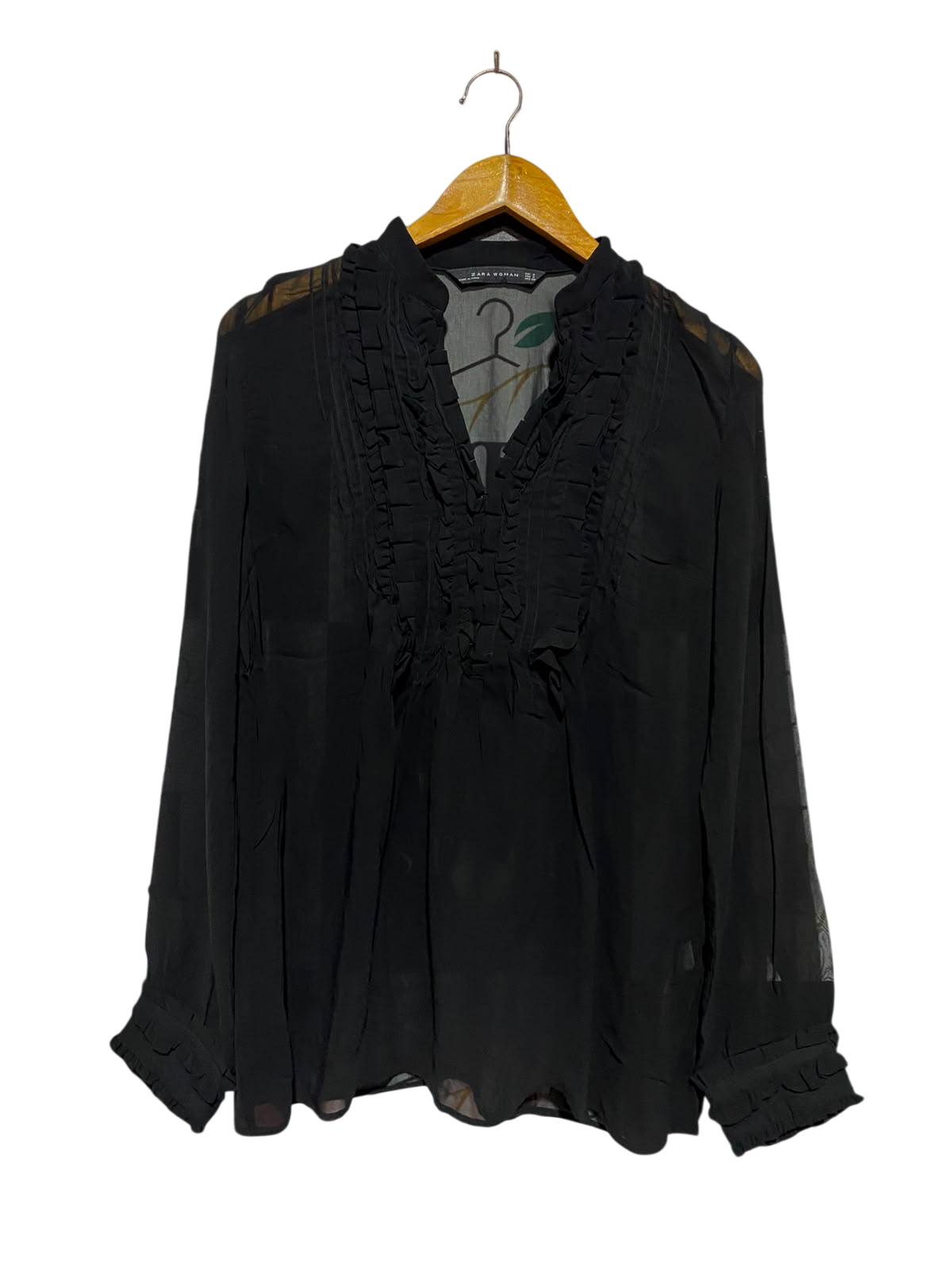 ZARA WOMAN |S| BUST 18| A14| BLACK SHEER CHIFFON RUFFLE-TRIMMED LONG-SLEEVE BLOUSE