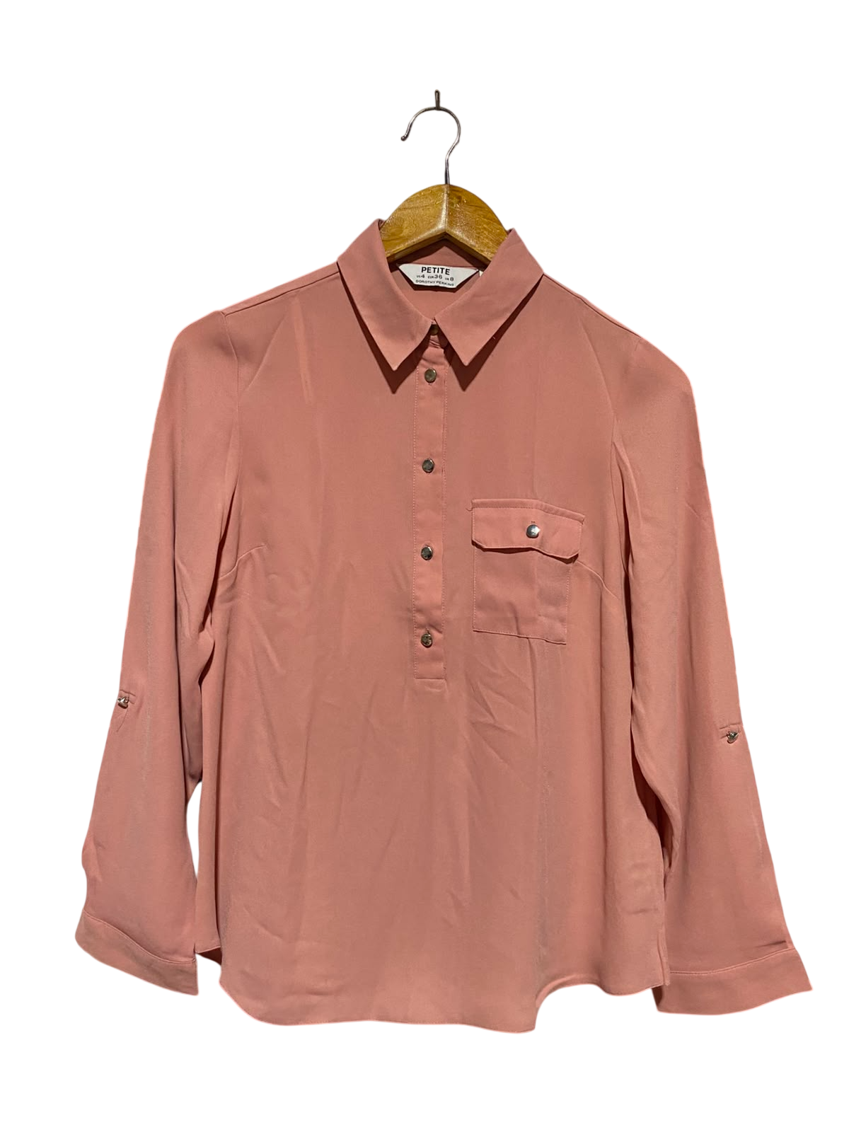PETITE |M| BUST 18| A14| DUSTY PINK BUTTON-DOWN ROLL-TAB SLEEVE BLOUSE