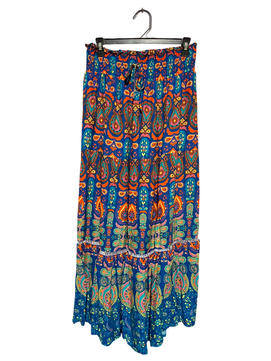 |XL| WAIST 28| A14| WOMEN'S BOHEMIAN PAISLEY PRINT TIERED MAXI SKIRT - BLUE & ORANGE