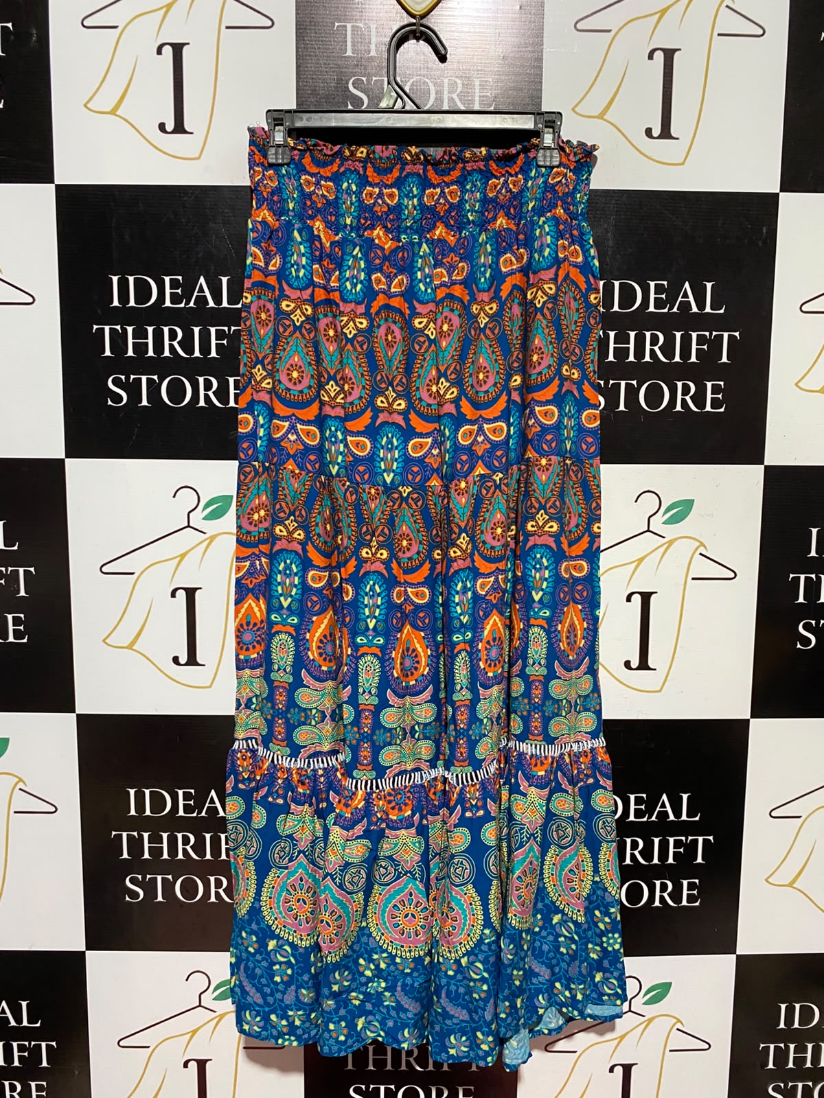 |XL| WAIST 28| A14| WOMEN'S BOHEMIAN PAISLEY PRINT TIERED MAXI SKIRT - BLUE & ORANGE