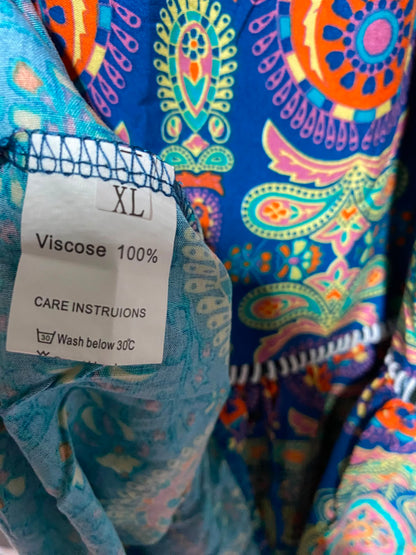 |XL| WAIST 28| A14| WOMEN'S BOHEMIAN PAISLEY PRINT TIERED MAXI SKIRT - BLUE & ORANGE