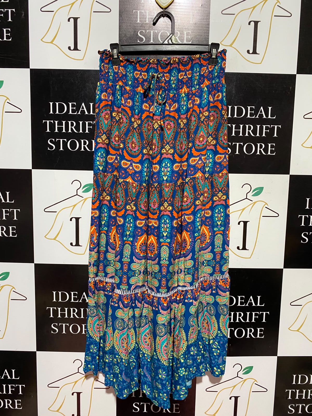 |XL| WAIST 28| A14| WOMEN'S BOHEMIAN PAISLEY PRINT TIERED MAXI SKIRT - BLUE & ORANGE
