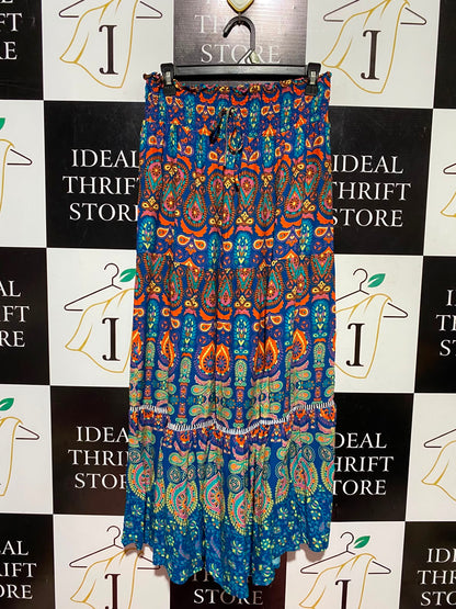 |XL| WAIST 28| A14| WOMEN'S BOHEMIAN PAISLEY PRINT TIERED MAXI SKIRT - BLUE & ORANGE