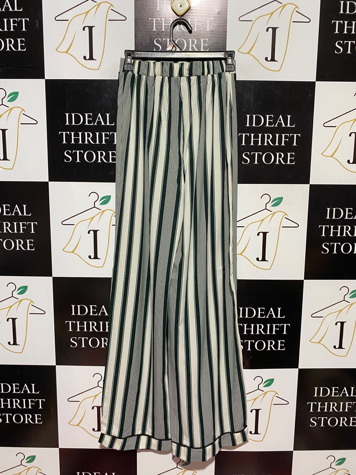 PRETTYLITTLE THING |XS| WAIST 24| A14| WOMEN'S VERTICAL STRIPED HIGH-WAISTED WIDE-LEG TROUSERS - DARK GREEN & CREAM