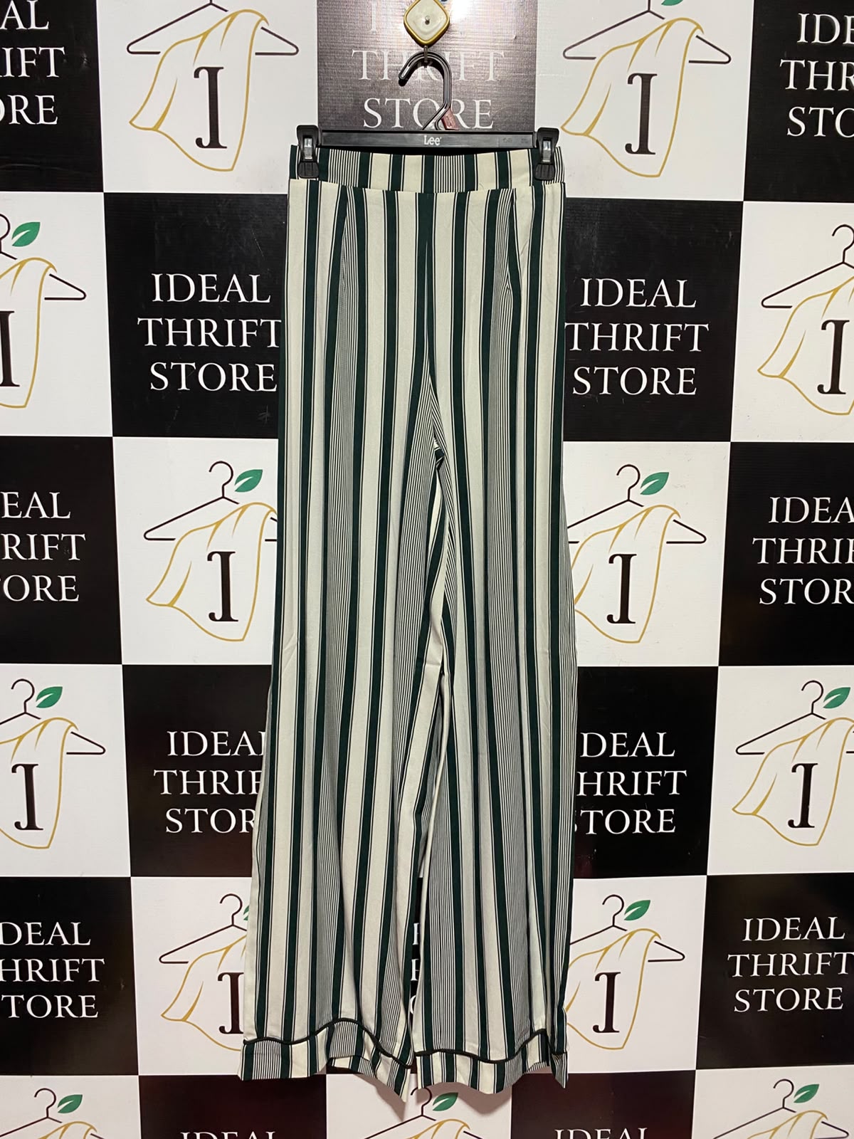 PRETTYLITTLE THING |XS| WAIST 24| A14| WOMEN'S VERTICAL STRIPED HIGH-WAISTED WIDE-LEG TROUSERS - DARK GREEN & CREAM