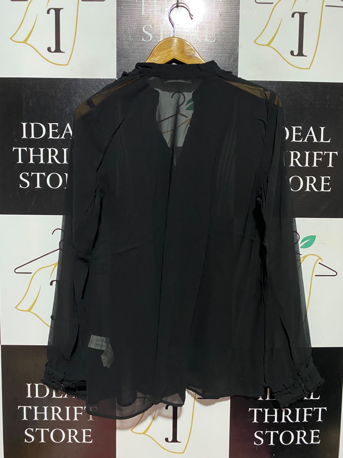 ZARA WOMAN |S| BUST 18| A14| BLACK SHEER CHIFFON RUFFLE-TRIMMED LONG-SLEEVE BLOUSE