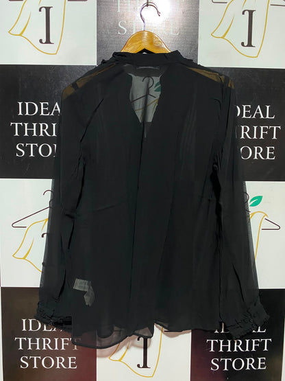 ZARA WOMAN |S| BUST 18| A14| BLACK SHEER CHIFFON RUFFLE-TRIMMED LONG-SLEEVE BLOUSE