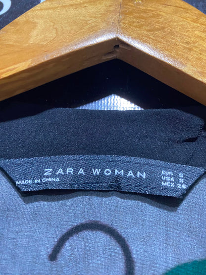 ZARA WOMAN |S| BUST 18| A14| BLACK SHEER CHIFFON RUFFLE-TRIMMED LONG-SLEEVE BLOUSE