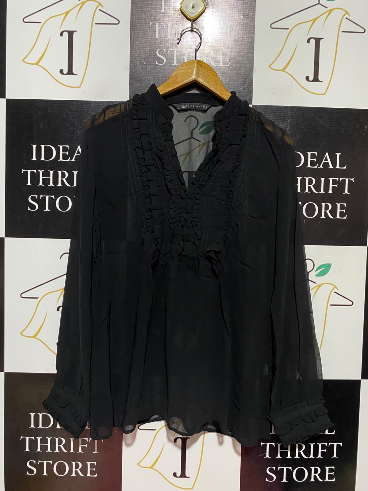 ZARA WOMAN |S| BUST 18| A14| BLACK SHEER CHIFFON RUFFLE-TRIMMED LONG-SLEEVE BLOUSE