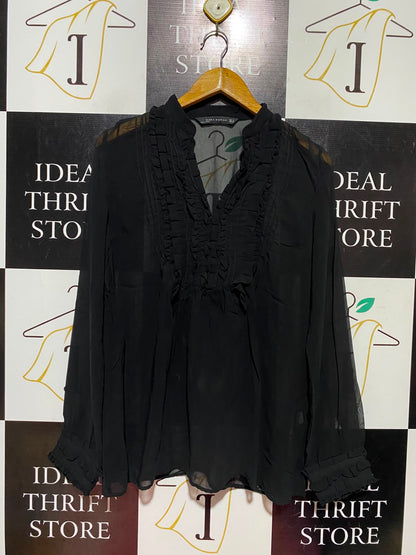 ZARA WOMAN |S| BUST 18| A14| BLACK SHEER CHIFFON RUFFLE-TRIMMED LONG-SLEEVE BLOUSE