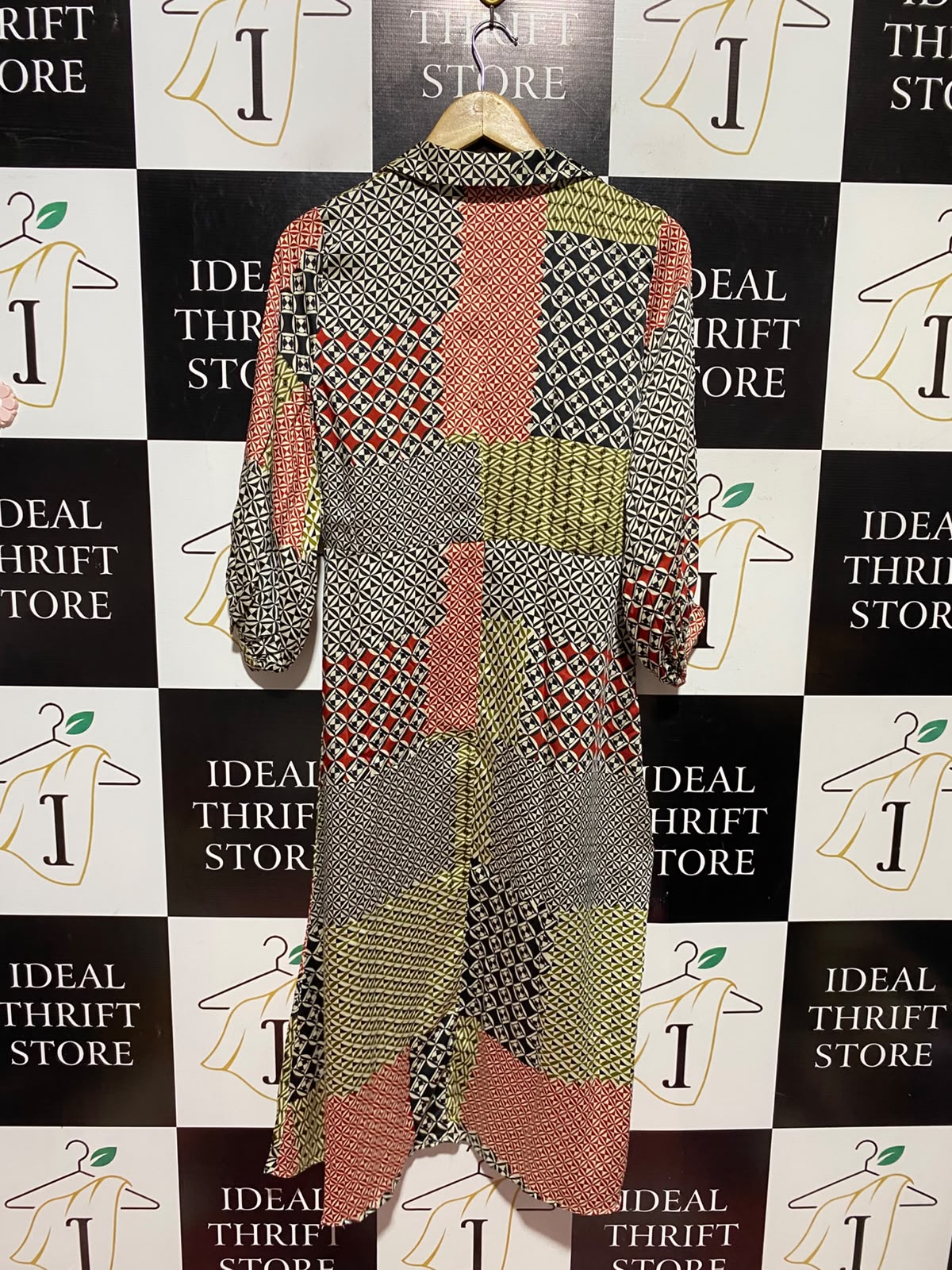 ZARA |S| BUST 18| A14| GEOMETRIC PATCHWORK PRINT BUTTON-DOWN MIDI SHIRT DRESS