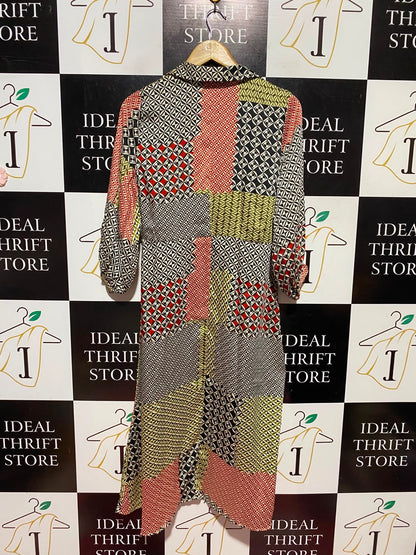 ZARA |S| BUST 18| A14| GEOMETRIC PATCHWORK PRINT BUTTON-DOWN MIDI SHIRT DRESS