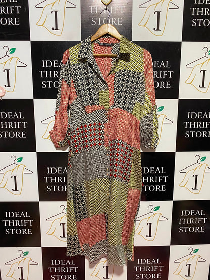 ZARA |S| BUST 18| A14| GEOMETRIC PATCHWORK PRINT BUTTON-DOWN MIDI SHIRT DRESS
