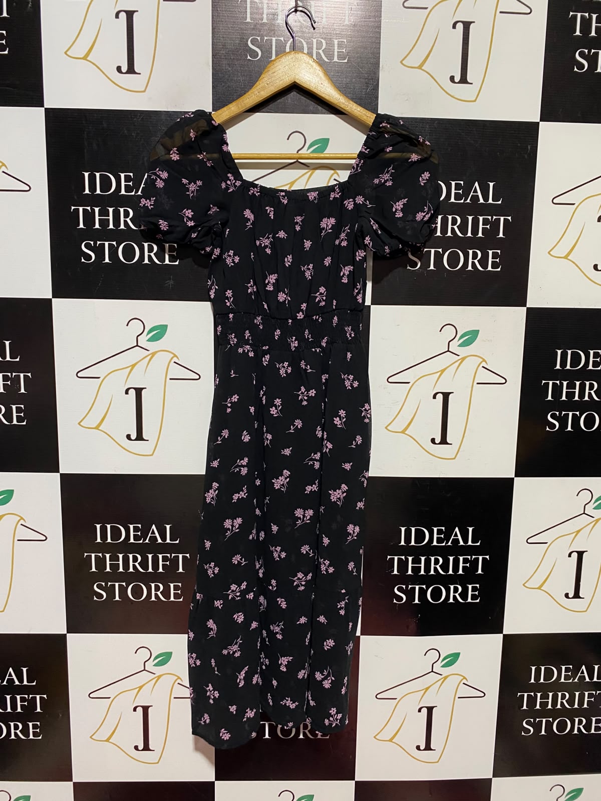 NEW LOOK |XS| BUST 13| A14| FLORAL PRINT PUFF-SLEEVE MIDI DRESS - BLACK & PINK