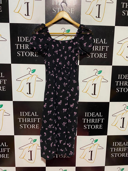 NEW LOOK |XS| BUST 13| A14| FLORAL PRINT PUFF-SLEEVE MIDI DRESS - BLACK & PINK