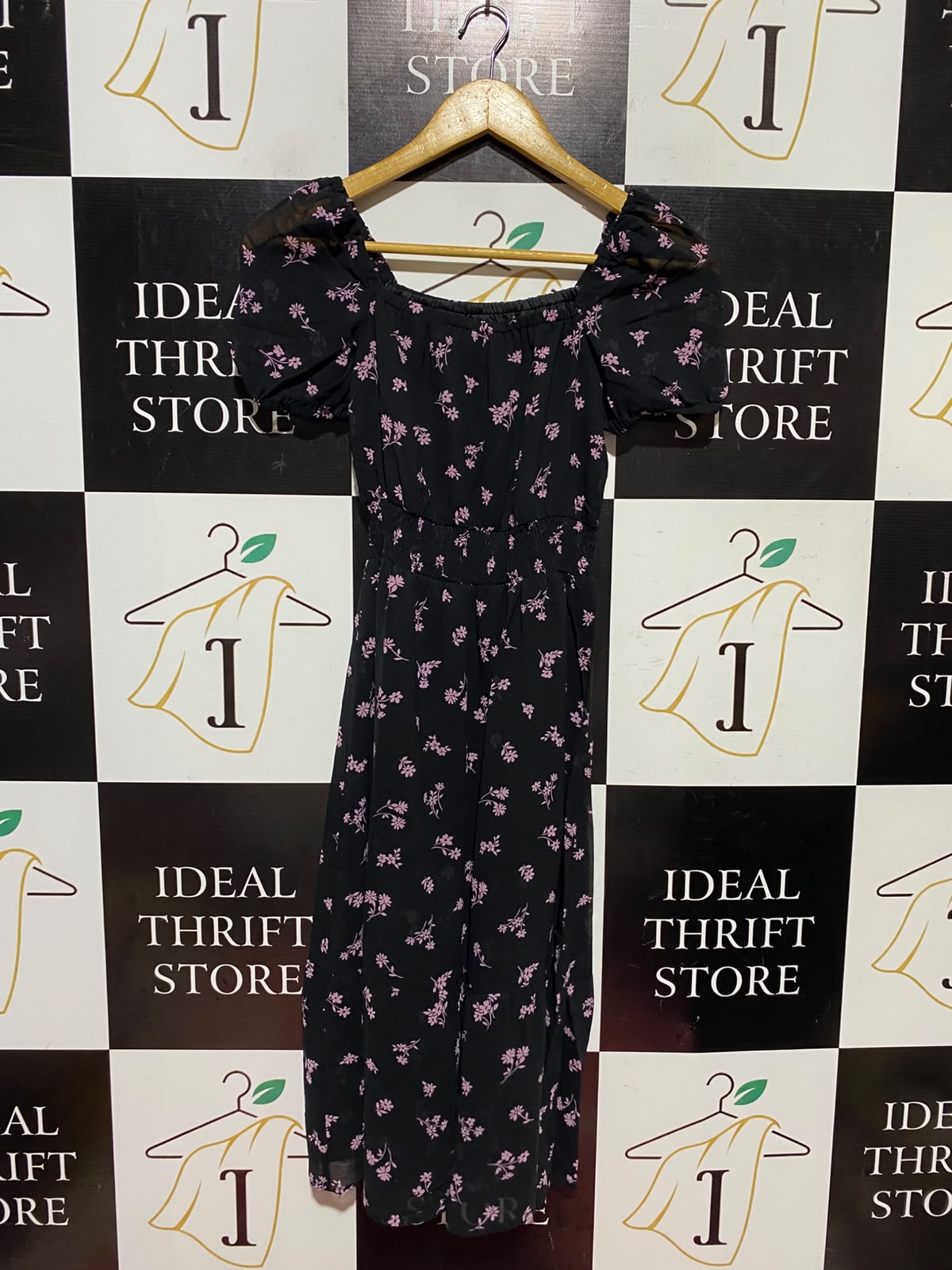 NEW LOOK |XS| BUST 13| A14| FLORAL PRINT PUFF-SLEEVE MIDI DRESS - BLACK & PINK
