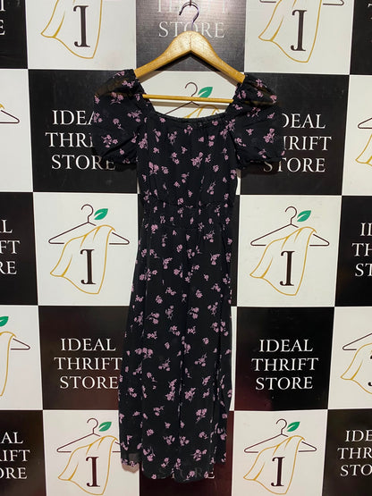 NEW LOOK |XS| BUST 13| A14| FLORAL PRINT PUFF-SLEEVE MIDI DRESS - BLACK & PINK