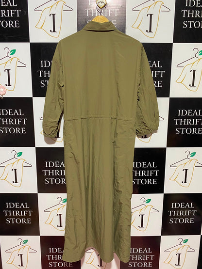 UNIQLO |L| BUST 14| A14| HALF-ZIP DRAWSTRING WAIST MIDI SHIRT DRESS - OLIVE GREEN