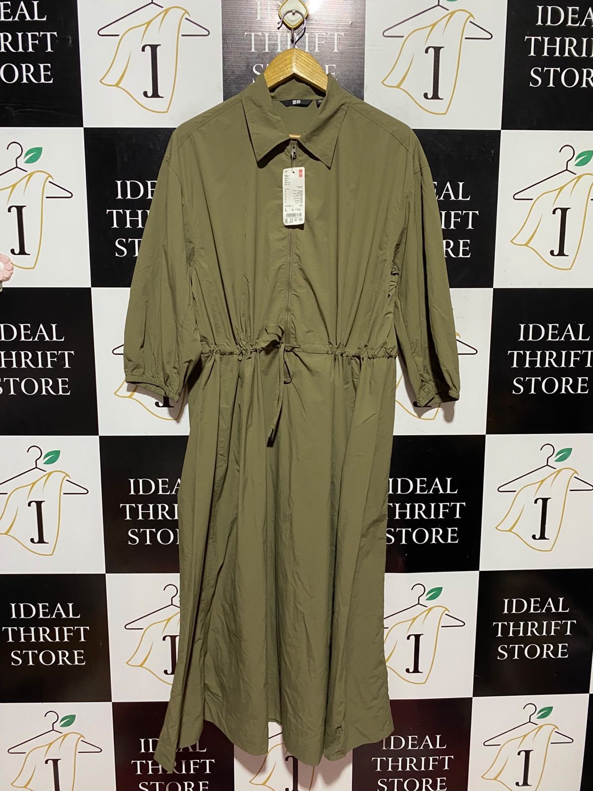 UNIQLO |L| BUST 14| A14| HALF-ZIP DRAWSTRING WAIST MIDI SHIRT DRESS - OLIVE GREEN