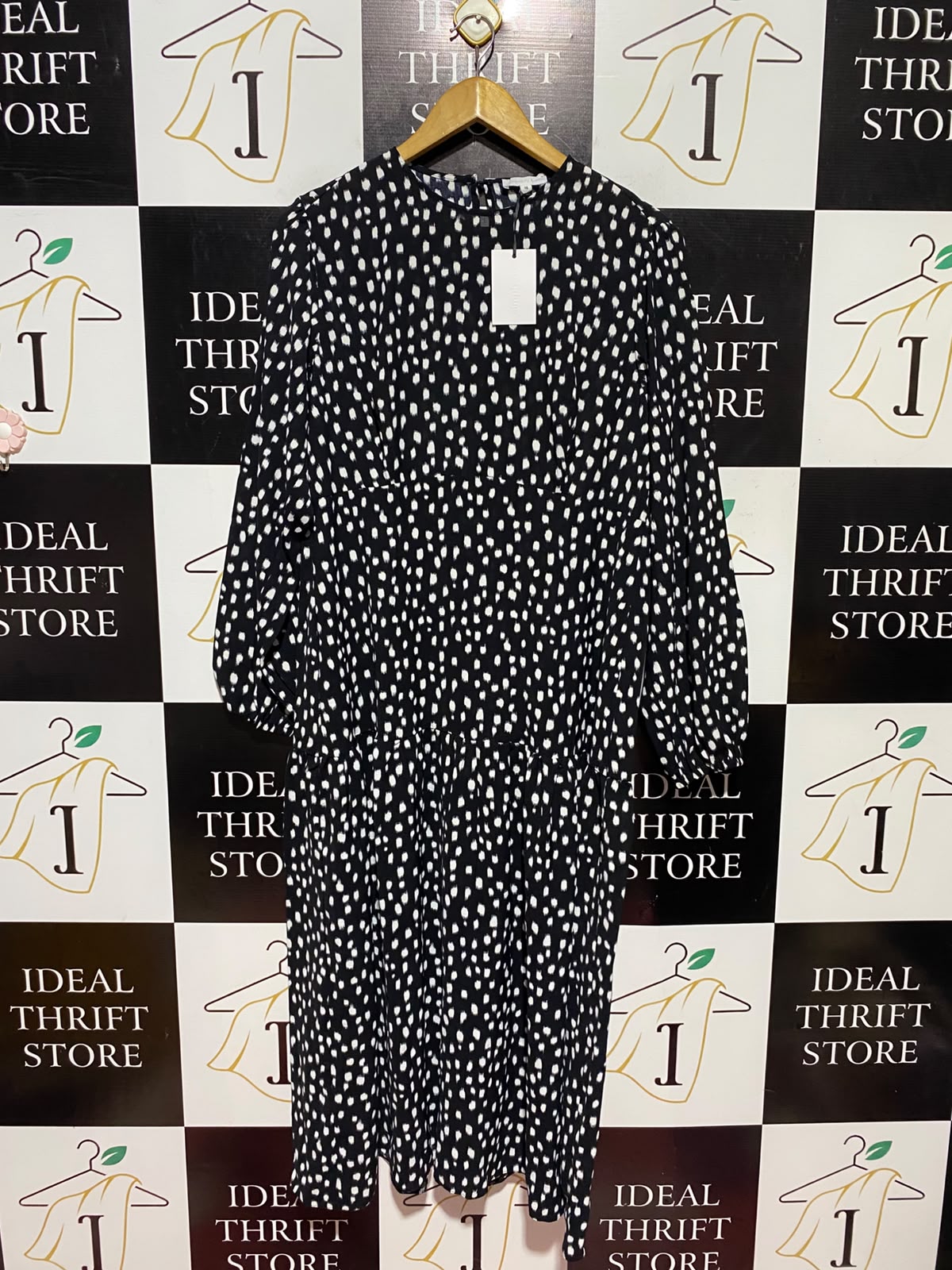 SIMPIY BE |L| BUST 20| A14| BLACK & WHITE ABSTRACT POLKA DOT DROP-WAIST MIDI DRESS
