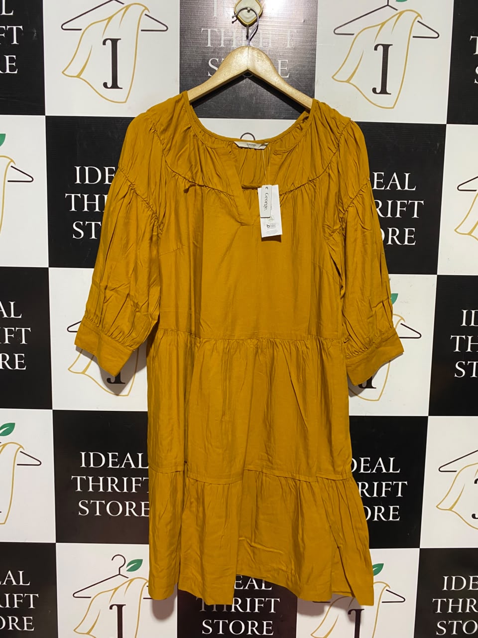 GEORGE |L| BUST 21| A14| MUSTARD YELLOW TIERED BOHO MINI / MIDI DRESS