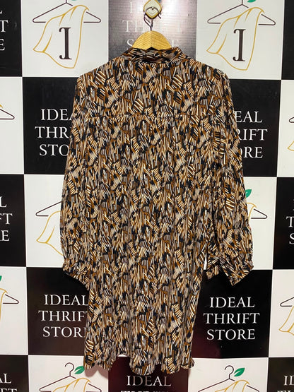 |L| BUST 21| A14| ABSTRACT PRINT TIE-NECK MINI / TUNIC DRESS - BROWN & BLACK