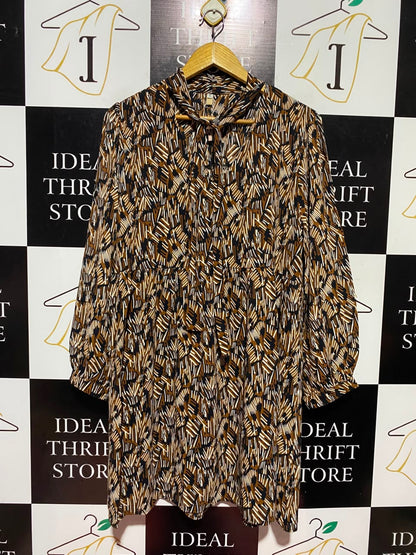 |L| BUST 21| A14| ABSTRACT PRINT TIE-NECK MINI / TUNIC DRESS - BROWN & BLACK