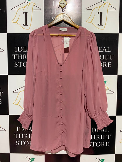 YOURS |L| BUST 21| A14| MAUVE PINK BUTTON-FRONT CHIFFON MINI DRESS / TUNIC TOP