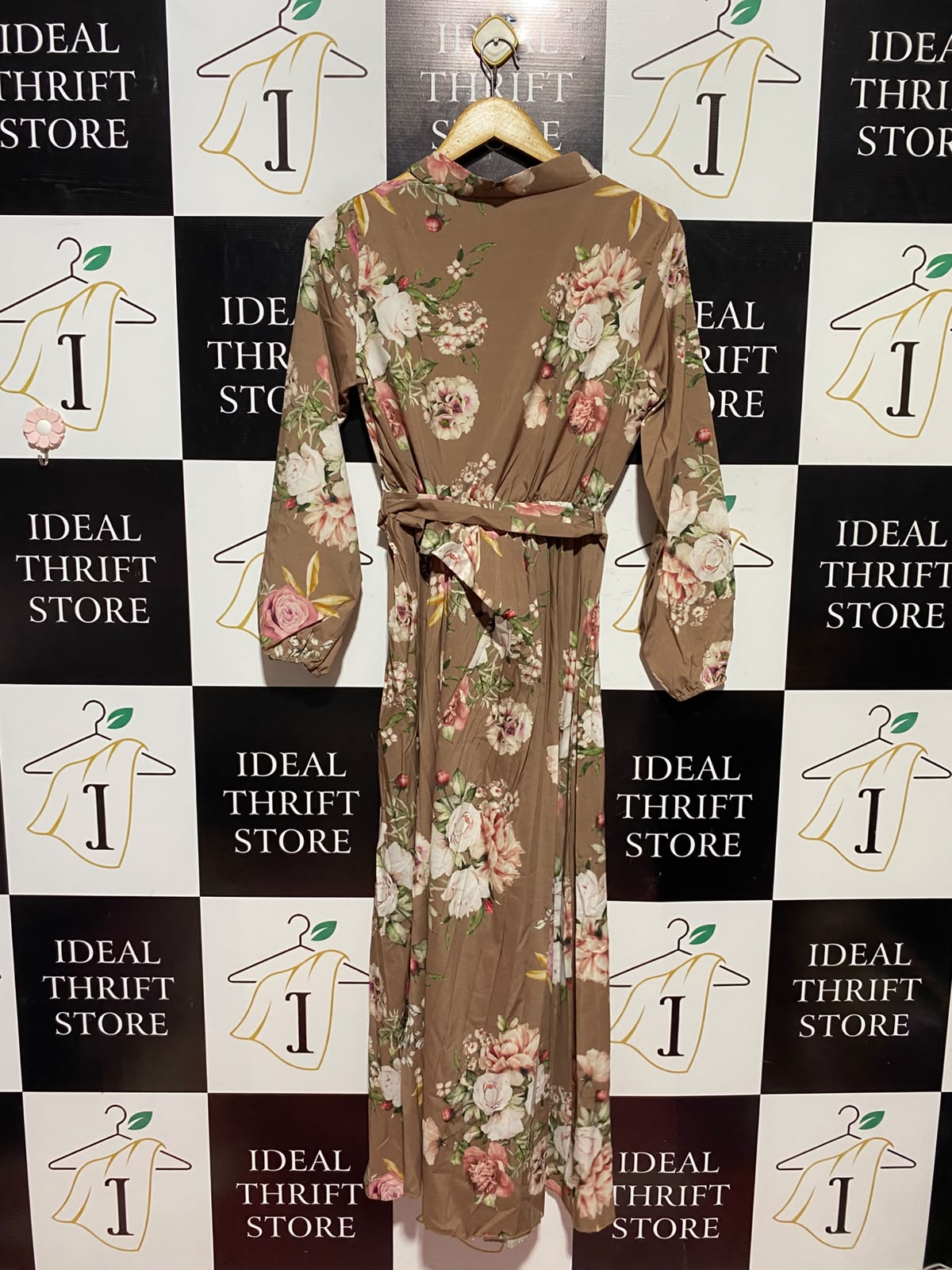 |M| BUST 18| A14| WOMEN'S FLORAL PRINT TIE-WAIST MAXI DRESS - MOCHA BROWN