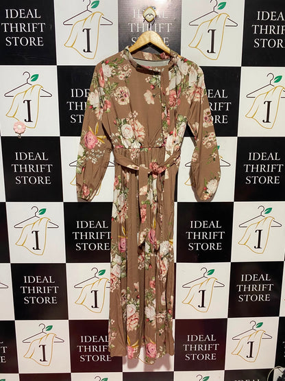 |M| BUST 18| A14| WOMEN'S FLORAL PRINT TIE-WAIST MAXI DRESS - MOCHA BROWN