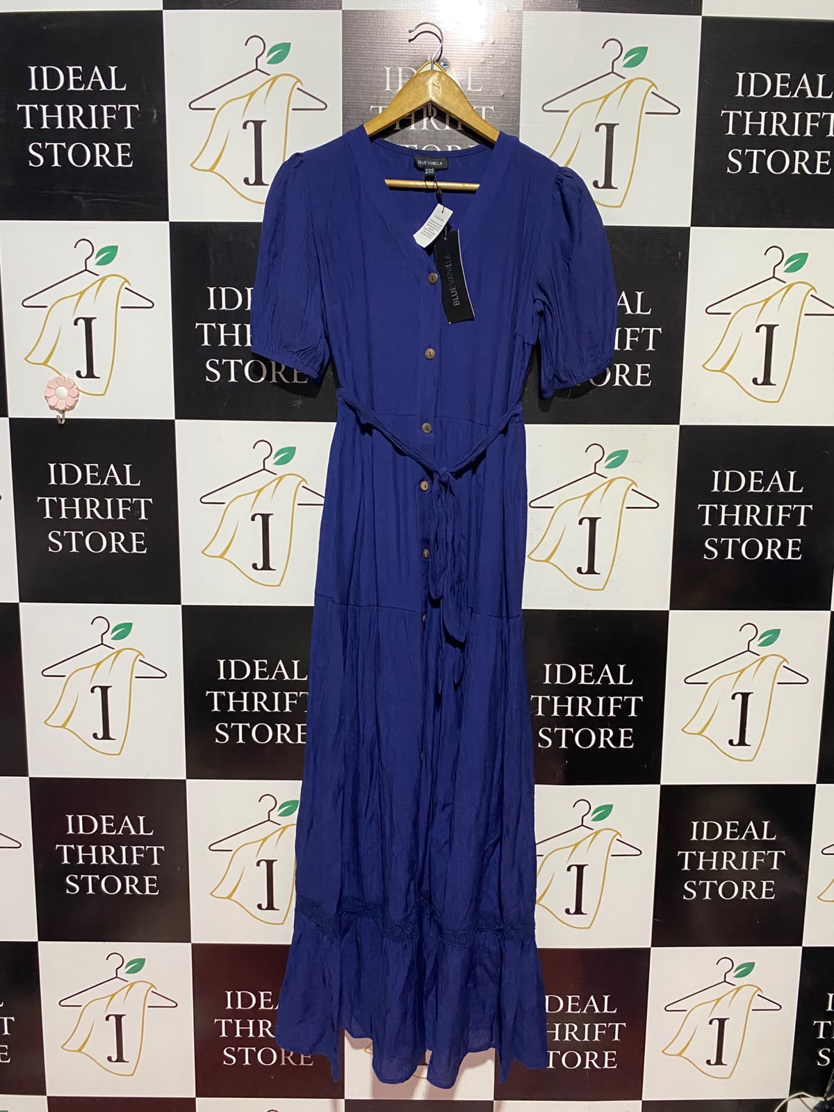 BLUE VANILLA |XS| BUST 16| A14| WOMEN'S ROYAL BLUE BUTTON-FRONT TIERED MAXI DRESS WITH TIE BELT