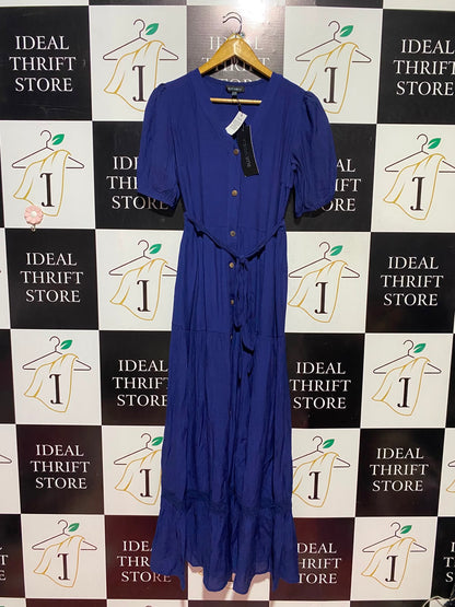BLUE VANILLA |XS| BUST 16| A14| WOMEN'S ROYAL BLUE BUTTON-FRONT TIERED MAXI DRESS WITH TIE BELT