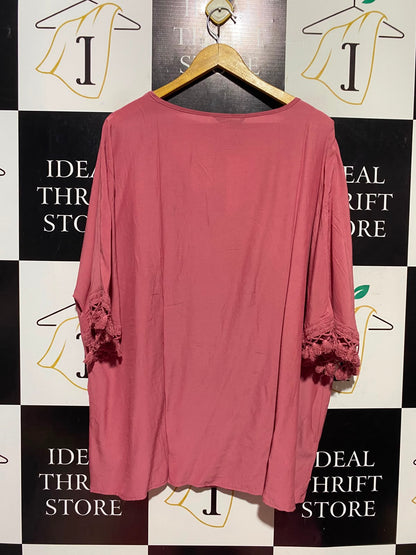 BLOOM CHIC |XL| BUST 26| A14| WOMEN'S MAUVE PINK CROCHET TASSEL-SLEEVE V-NECK TUNIC TOP