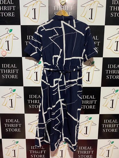 DKNY |M| BUST 18| A14| NAVY BLUE ABSTRACT LINE PRINT BUTTON-FRONT MIDI SHIRT DRESS WITH BELT