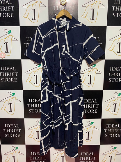 DKNY |M| BUST 18| A14| NAVY BLUE ABSTRACT LINE PRINT BUTTON-FRONT MIDI SHIRT DRESS WITH BELT