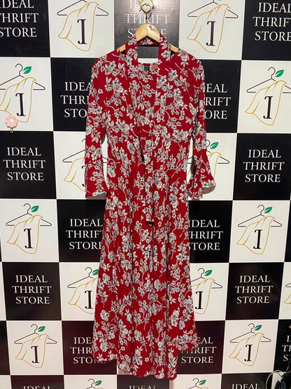 SHEIN |S| BUST 16| A14| RED FLORAL PRINT FRONT-TIE MAXI DRESS WITH HALTER / KEYHOLE