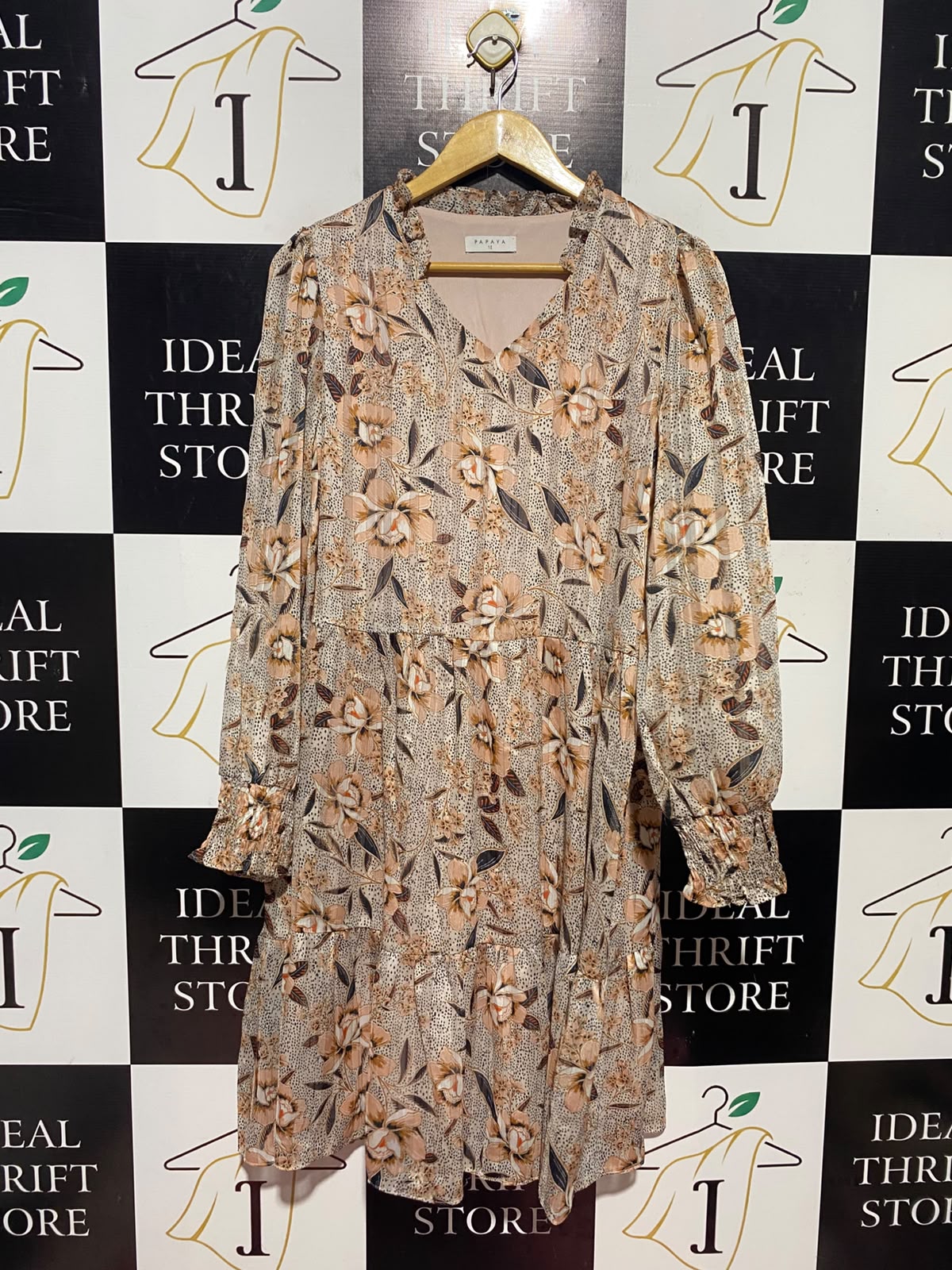 PAPAYA |M| BUST 19| A14| FLORAL PRINT METALLIC THREAD TIERED MIDI DRESS - BEIGE & BLUSH PINK