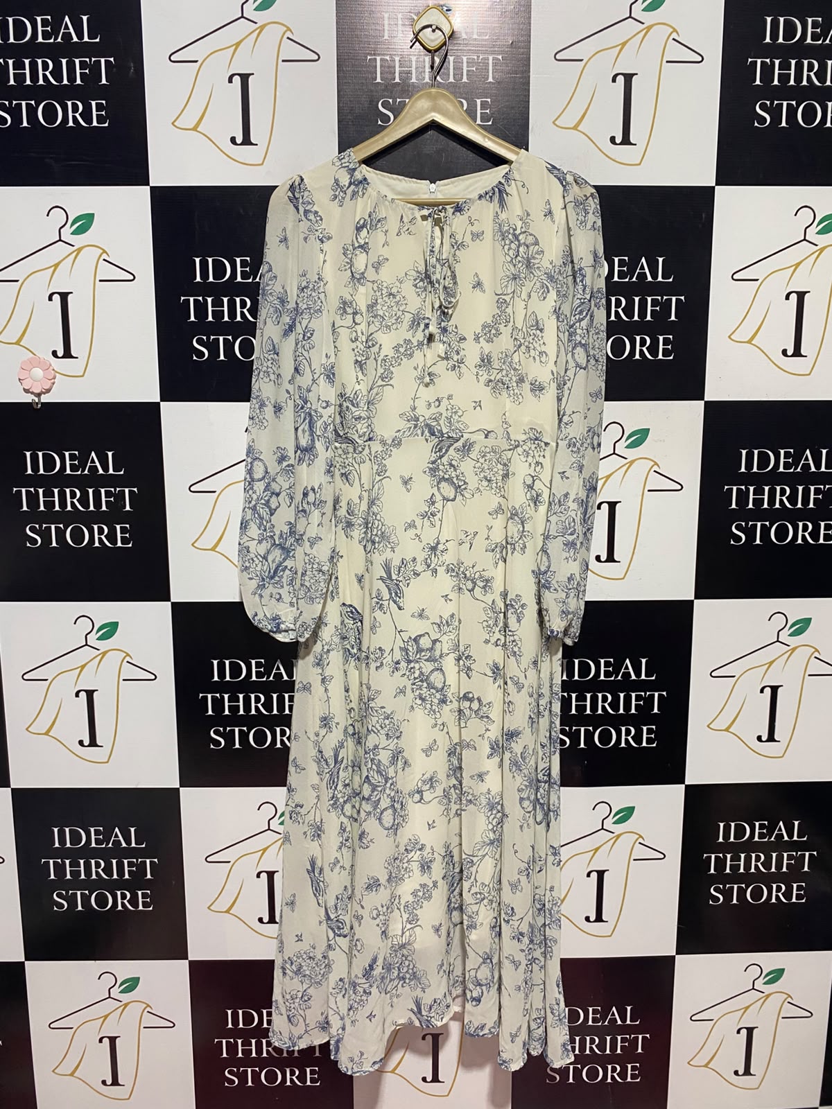 DAZY |XL| BUST 17| A14| VINTAGE BLUE TOILE DE JOUY FLORAL MAXI DRESS WITH FRONT-TIE
