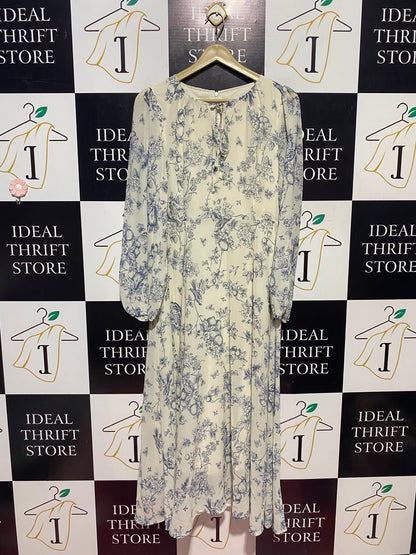 DAZY |XL| BUST 17| A14| VINTAGE BLUE TOILE DE JOUY FLORAL MAXI DRESS WITH FRONT-TIE