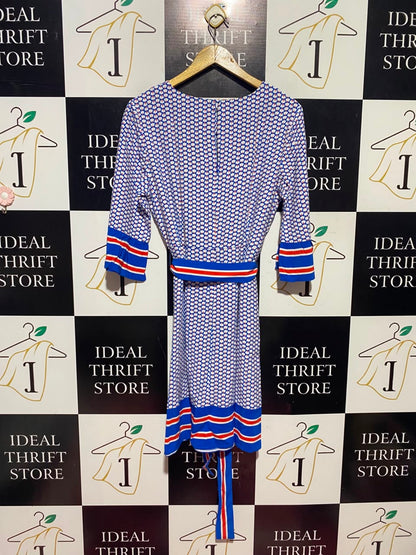 BODEN |M| BUST 19| A14| BODEN GEOMETRIC PRINT BELTED MIDI DRESS - BLUE, RED & WHITE