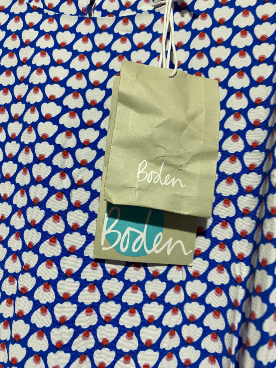 BODEN |M| BUST 19| A14| BODEN GEOMETRIC PRINT BELTED MIDI DRESS - BLUE, RED & WHITE