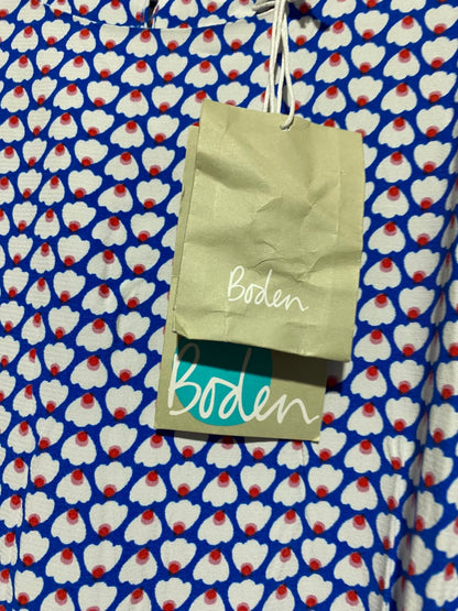 BODEN |M| BUST 19| A14| BODEN GEOMETRIC PRINT BELTED MIDI DRESS - BLUE, RED & WHITE