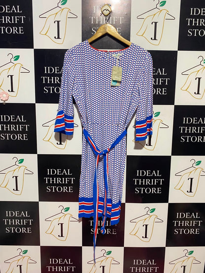 BODEN |M| BUST 19| A14| BODEN GEOMETRIC PRINT BELTED MIDI DRESS - BLUE, RED & WHITE