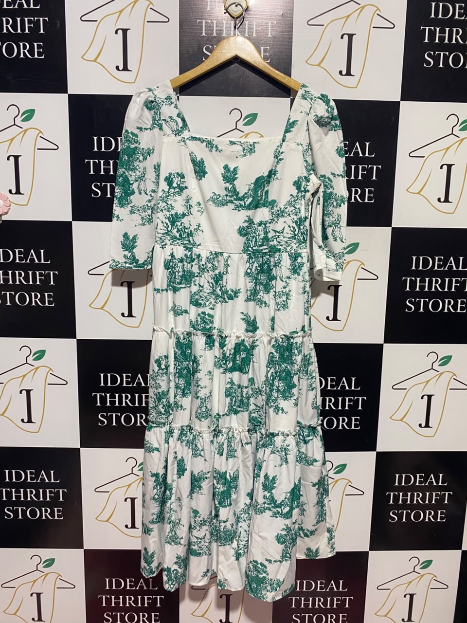 SHEIN |M| BUST 16| A14| GREEN TOILE DE JOUY SQUARE-NECK TIERED MAXI DRESS