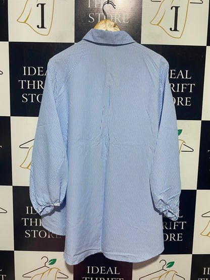 EMERY ROSE |XL| BUST 24| A14| BLUE & WHITE STRIPED BUTTON-FRONT BABYDOLL TUNIC SHIRT