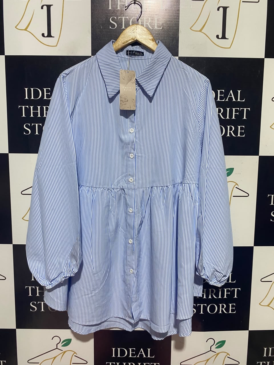 EMERY ROSE |XL| BUST 24| A14| BLUE & WHITE STRIPED BUTTON-FRONT BABYDOLL TUNIC SHIRT