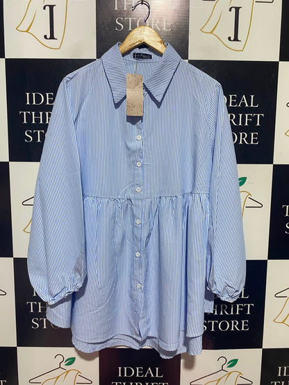EMERY ROSE |XL| BUST 24| A14| BLUE & WHITE STRIPED BUTTON-FRONT BABYDOLL TUNIC SHIRT