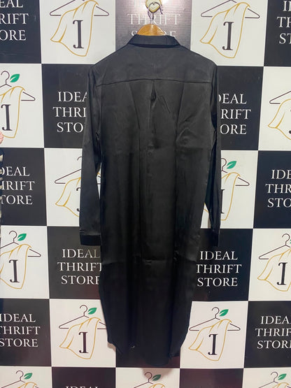 |L| BUST 20| A14| CLASSIC BLACK BUTTON-DOWN SATIN SHIRT DRESS / LONG TUNIC