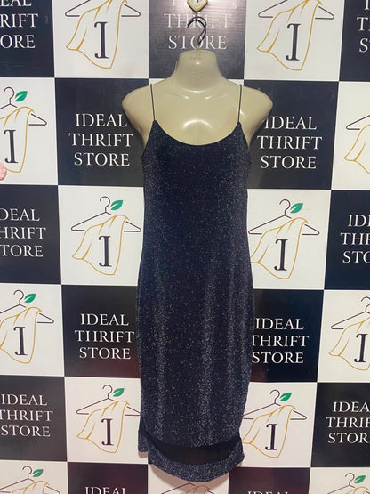 MISS LOOK |S| BUST 15| A14| BLACK & SILVER METALLIC SHIMMER CAMI SLIP MIDI DRESS