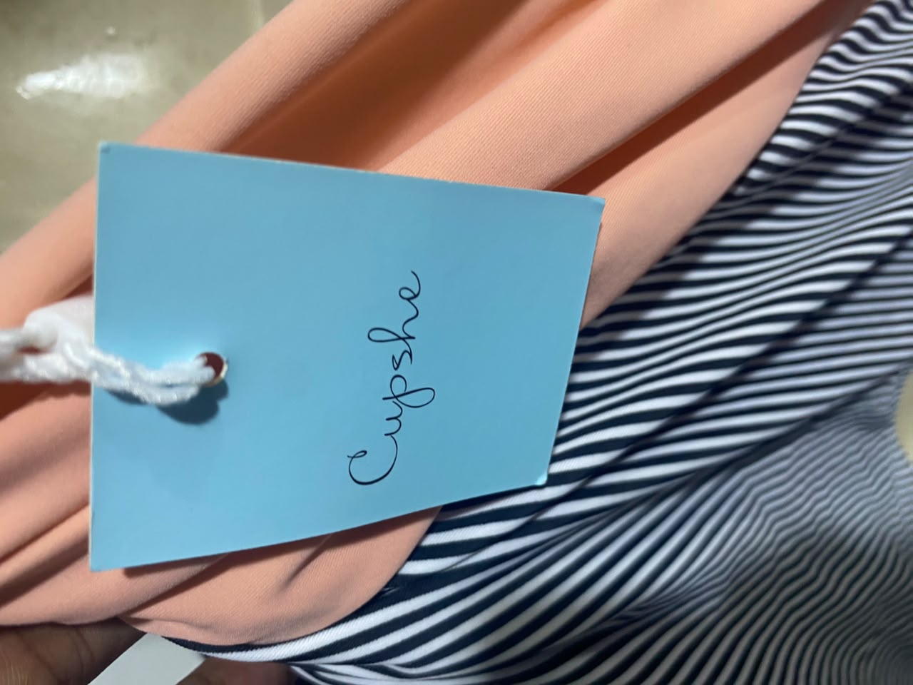 CUPSHE |L| BUST 16| A14| PEACH & NAVY STRIPED PLUNGING V-NECK ONE-PIECE SWIMSUIT